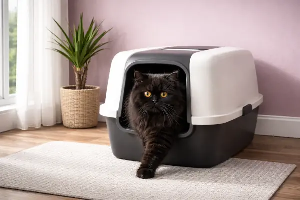 Gato usando un arenero cubierto