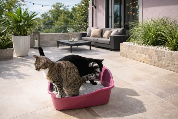 Dos gatos compartiendo su arenero