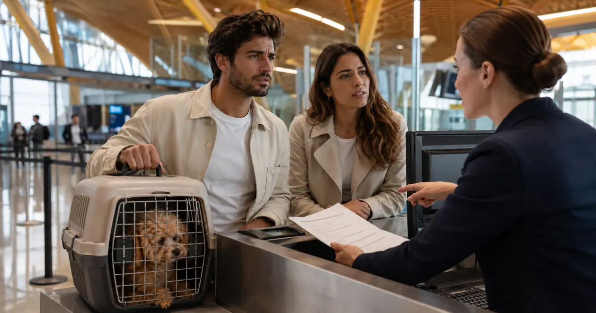 Una pareja pareja está facturando un perro parece que hay algún problema administrativo